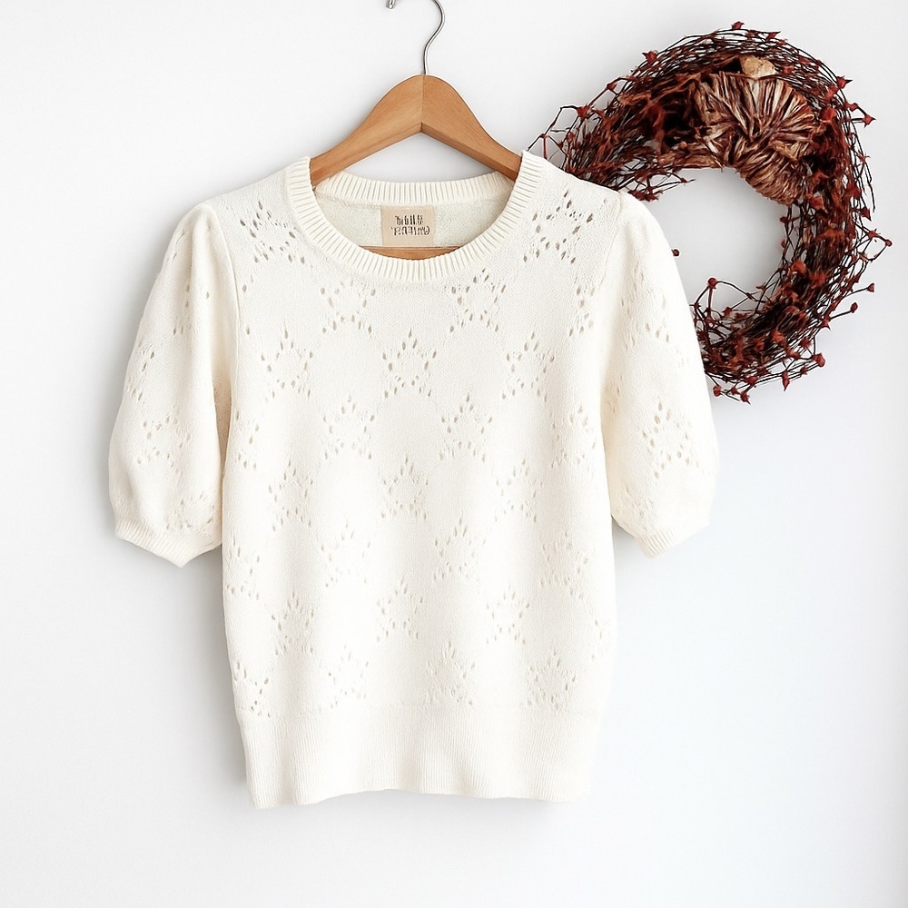 Elie Tahari Women's Perforated Star Knit Sweater Top MEDIUM Bright White